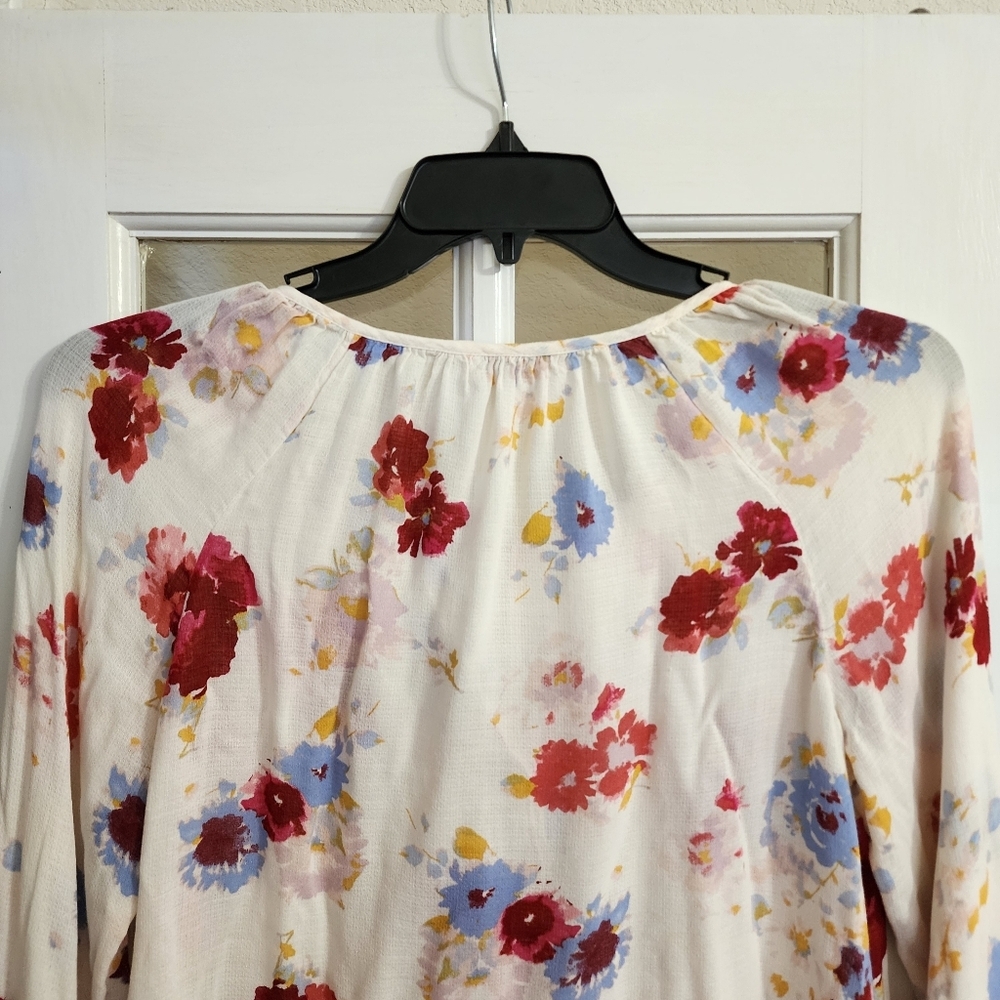 Lucky Brand Floral Blouse Medium Ivory Tie Front Long Sleeve Boho - Picture 7 of 14